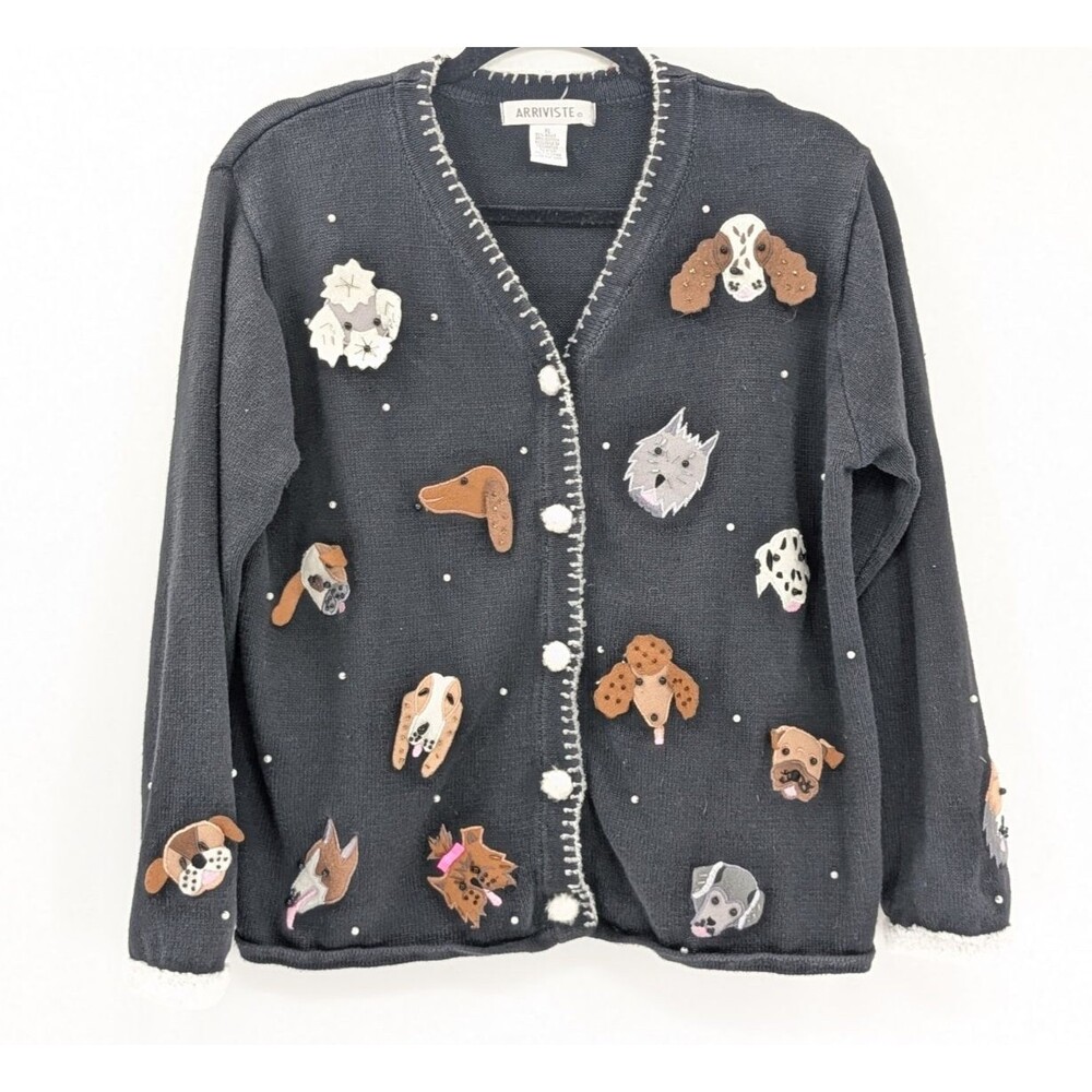 Arriviste Vintage Black Beaded Cotton 3D Dog Embellished Cardigan Sweater XL